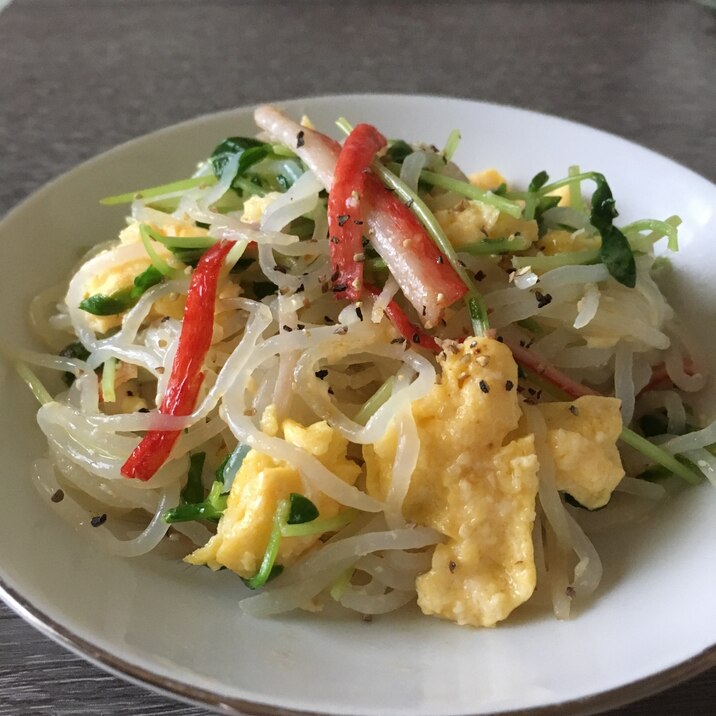 豆苗としらたきのカニカマ玉子炒め♪